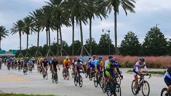 The Tempo Tuesday group riding past palm trees near Jacksonville Beach.